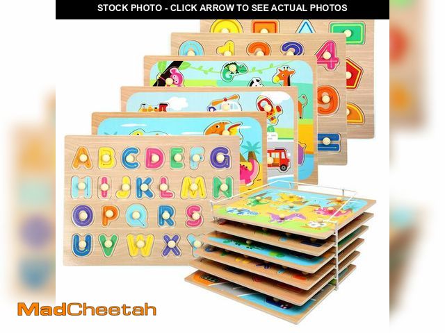 Lot 74-13550377 - WOOD CITY Toddler Puzzles and Rack Set, Wooden Peg Puzzles Bundle with Storage Holder Rack, Educatio...