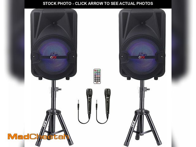 Lot 74-13710369 - QFX PBX-800TWS 8-Inch TWS Bluetooth Stereo PA System with 2 8" Speakers, 2 Microphones, 2 Stands, an...