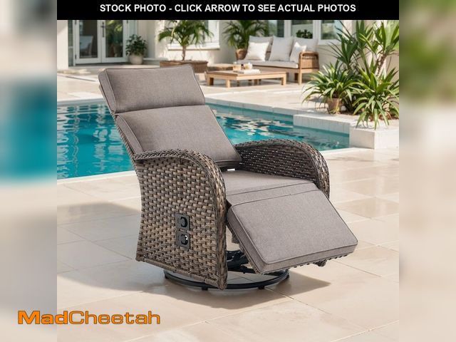 Lot 74-12659623 - Opohoro Plain Curve 1-Piece Brown Wicker Outdoor Adjustable Swivel Recliner Chair with Gray Cushions...