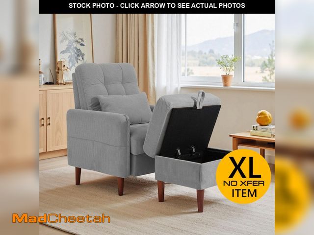Lot 74-14280472 - (STAINED) Uixe Gray Corduroy Fabric Upholstered Accent Arm Chair with Storage Ottoman and Adjustable...