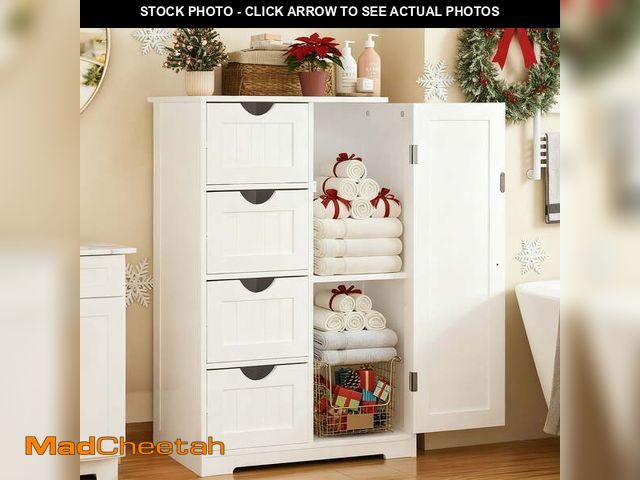 Lot 74-13815575 - Ktaxon Wooden Bathroom Floor Cabinet, Side Storage Organizer with 4 Drawers, 1 Cupboard &amp; 2-Shel...