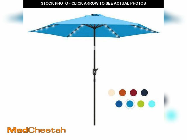 Lot 74-14586594 - Scafild | 7.5 Ft Solar LED Light Patio Umbrella Outdoor W/ Easy Tilt - Sky Blue - USED