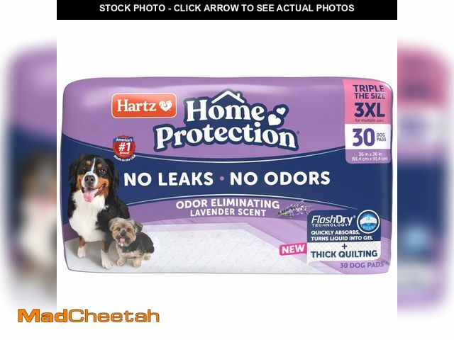 Lot 74-14320971 - Hartz Home Protection Super Absorbent Odor Eliminating Lavender Scented No Leak Dog Pads, 3XL 30 Cou...