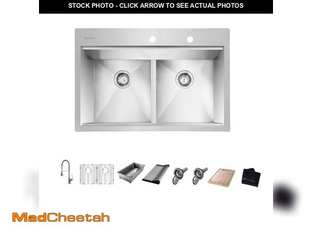 Lot 74-13047004 - Glacier Bay Zero Radius 33 in. Drop-In 50/50 Double Bowl 18 Gauge Stainless Steel Workstation Kitche...