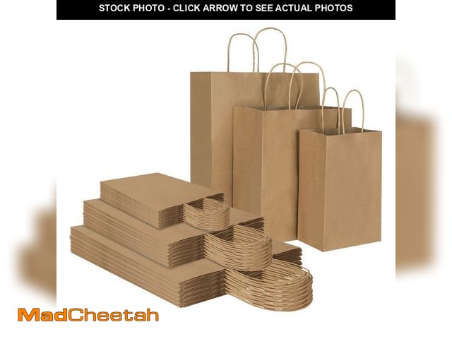 Lot 74-14214404 - Toovip 90 Pack Plain Brown Kraft Paper Bags with Handles Bulk, Multiple 3 Assorted Sizes Gift Bags f...