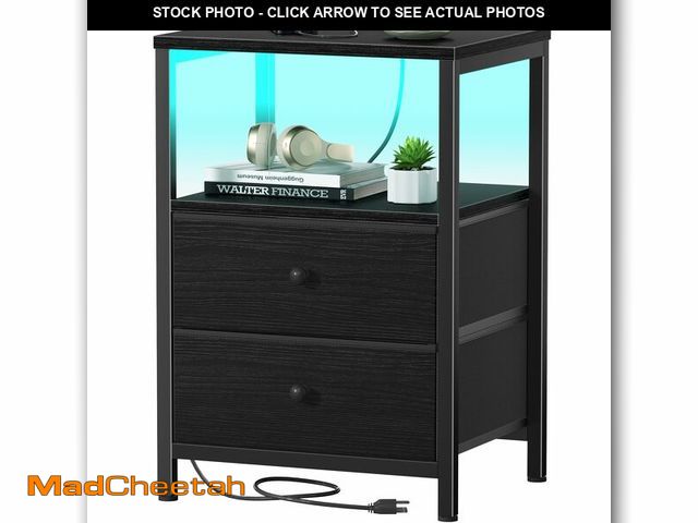 Lot 74-13622736 - BOLUO Black Nightstand with Charging Station, LED Night Stand with 2 Fabric Drawers, Bedside Table w...