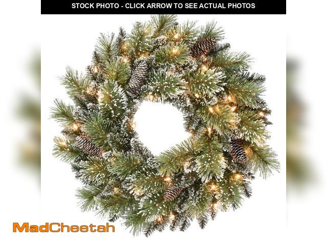 Lot 74-13796875 - Puleo International 24 in. Green Prelit Flocked Artificial Christmas Wreath with Pinecones - UNUSED