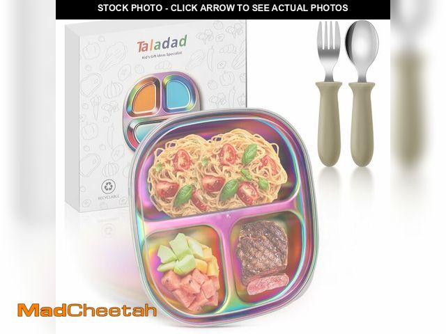 Lot 74-12717643 - Taladad Stainless Steel Kids Plates, Stainless Steel Divided Toddler Plate Set with Lids, Spoons and...