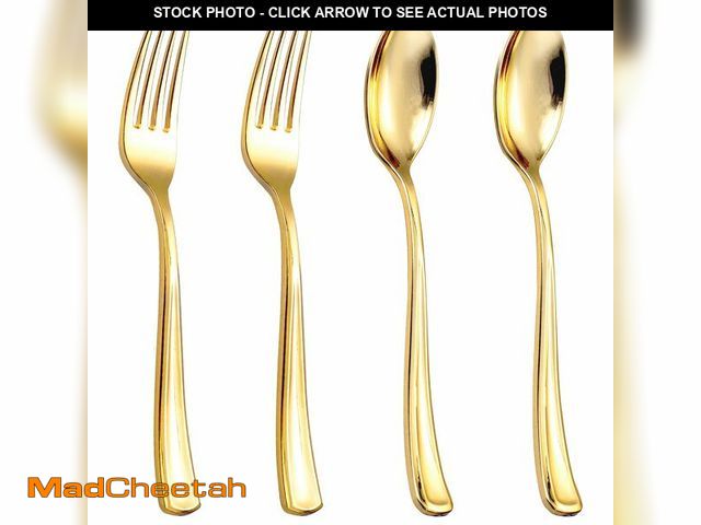 Lot 74-14265455 - bUCLA 600PCS Gold Plastic Spoons and Forks Set - Plastic Forks and Spoons Disposable - Heavy Duty Go...