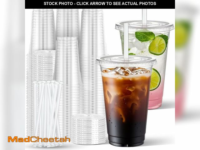 Lot 74-13541419 - Charmount 24 oz Clear Plastic Cups with Lids and Straws, 100 Sets Disposable To Go Cups for Cold Dri...