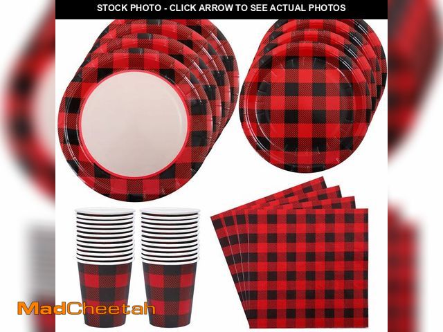 Lot 74-12432698 - Aneco 122 Pieces Red and Black Buffalo Plaid Party Supplies Disposable Party Tableware Set 7 and 9 I...