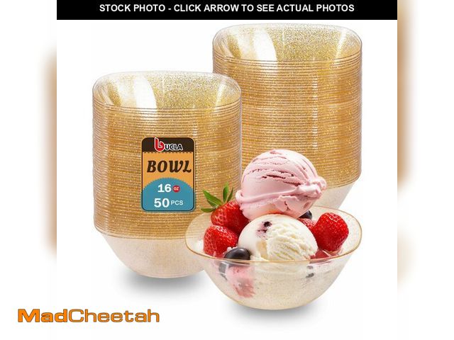 Lot 74-14332121 - bUCLA 50Pack Gold Glitter Plastic Serving Bowls - 16oz Disposable Serving Bowls for Party Dessert/Ic...