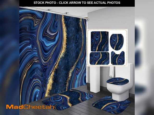 Lot 74-11554384 - Nkzply 4 Pcs Blue Marble Shower Curtain Sets with Rugs Gold Bathroom Sets with Shower Curtain and Ru...