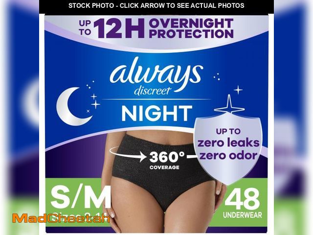 Lot 74-12111015 - Always Discreet Overnight Adult Incontinence &amp; Postpartum Bladder Leak Underwear for Women, Disp...
