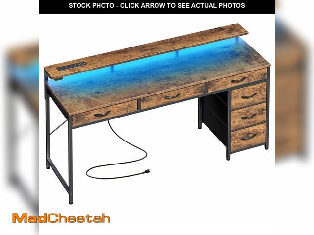 Lot 74-14613245 - Huuger Gaming Desk with 6 Drawers, Computer Desk with LED Lights Power Outlets and Type-C, 55 Inch O...