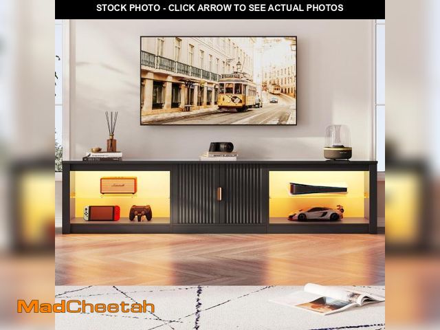 Lot 74-12420932 - Bestier 80 inch TV Stand for TVs up to 85", High Gloss Entertainment Center with LED Lights &amp; St...