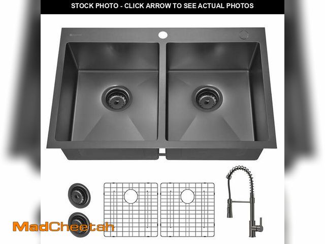 Lot 74-12580932 - Gunmetal Black Stainless Steel 33 in. 18 Gauge Double Bowl Dual Mount Kitchen Sink with Black Spring...