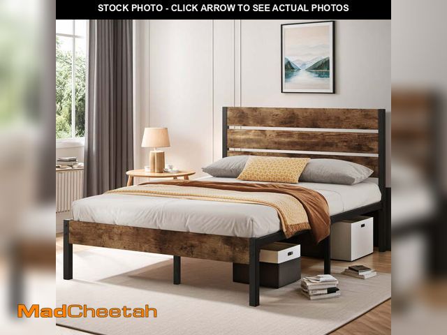 Lot 74-12803643 - Lifezone Full Bed Frame with Rustic Vintage Wood Headboard and Footboard,Metal Support,brown - UNUSE...