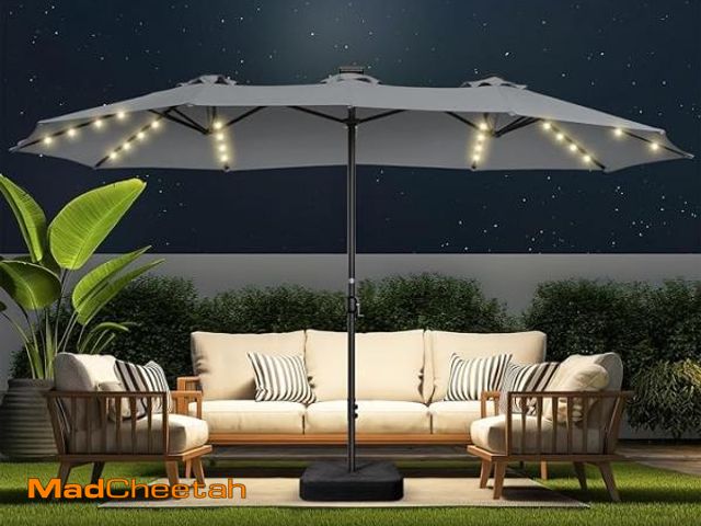Lot 74-12340844 - HOMSHADE Double Sided Patio Umbrellas - 15ft Solar Lights LED Lighted Outdoor Extra Large Market Tab...