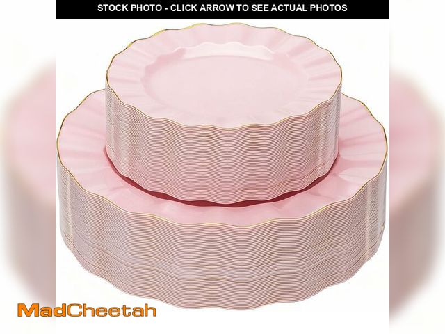 Lot 74-14212790 - QualQuot 120PCS Pink Plastic Plates, Heavy Duty Disposable Party Plates with Gold Rim, Fancy 60 Dinn...