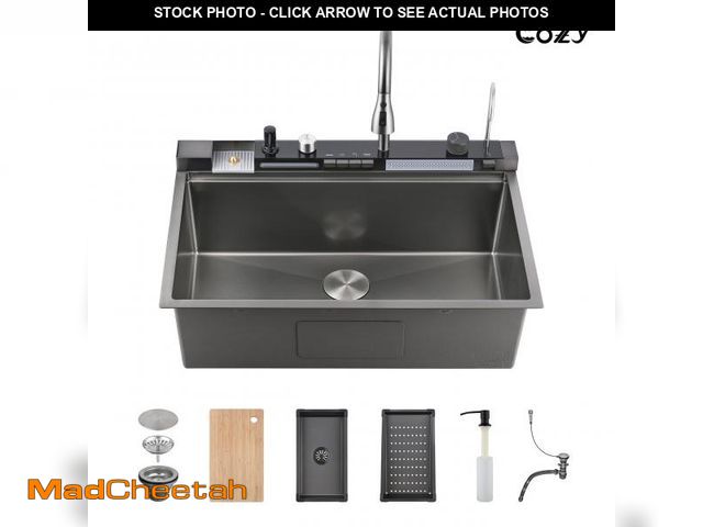 Lot 74-12268802 - 33?Ã22? Stainless Steel Single Bowl Kitchen Sink, Black Waterfall Workstation with Flying-Rain Fauc...