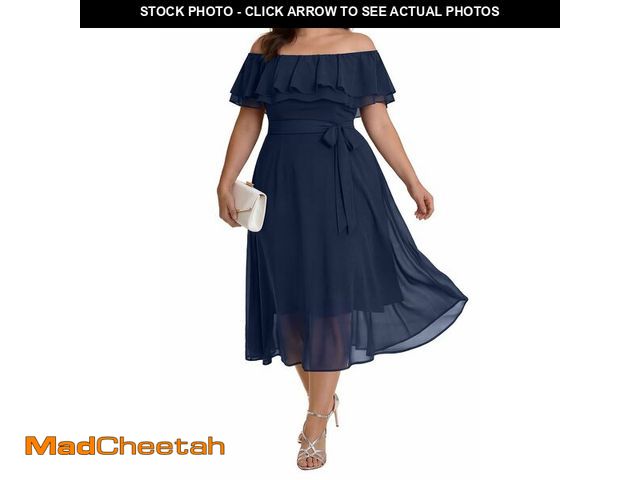 Lot 74-14300982 - Plus Size Dresses Wedding Guest Navy Blue Formal Ruffle Off the Shoulder Cocktail Chiffon Midi Semi ...