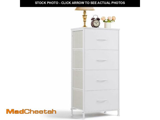 Lot 74-13331667 - Nightstand, 4 Drawer Dresser End Table Bedside Furniture with Wooden Top Steel Frame Fabric Bins for...
