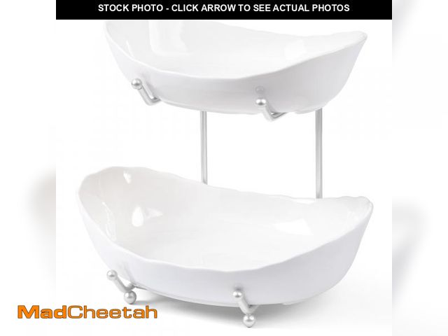 Lot 74-12307602 - HBlife Fruit Bowl for Kitchen Counter - 2 Tier Ceramic Fruit Bowl with Metal Stand, Tiered Fruit Bas...