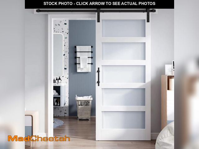 Lot 74-12358209 - ROYMELO 34x84 Inch Glass Sliding Barn Door Slab and 6ft Hardware Kit Included, 5 Frosted Glass, LVL ...