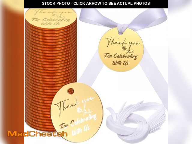 Lot 74-11545029 - 100 Set Gold Acrylic Thank You for Celebrating with Us Tags, with String Round Gold Mirrored Favors ...