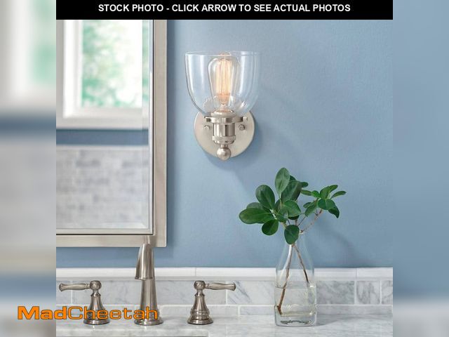Lot 74-12870963 - Home Decorators Collection Evelyn 6 in. 1-Light Brushed Nickel Industrial Wall Sconce with Clear Gla...