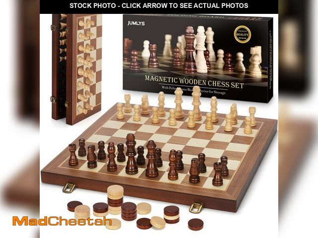 Lot 74-12708204 - 2 in 1 Magnetic Chess Set &amp; Checkers Board Game, 15" Wooden Folding Chess Board with 2 Extra Que...