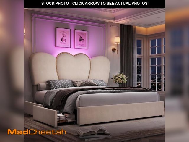 Lot 74-12359822 - Homfa Queen Size LED Bed Frame with 4 Storage Drawers, Velvet Upholstered Platform Bed with High Lov...