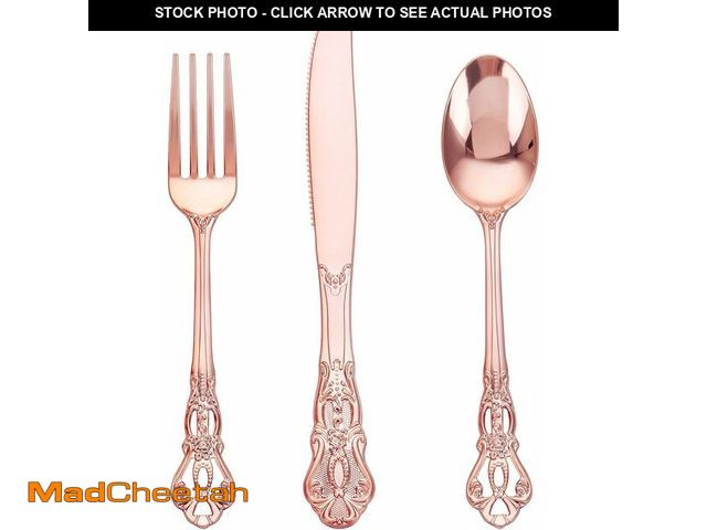 Lot 74-13951155 - Joyido 150PCS Rose Gold Plastic Silverware - Heavy Duty Elegant Disposable Utensils - Vintage Rose G...