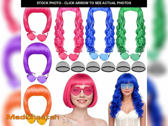Lot 74-14280669 - PLULON 18 Pcs Short Bob Wigs Long Curly Hair with Heart Sunglasses and Hair Cap for Women, Neon Wig ...