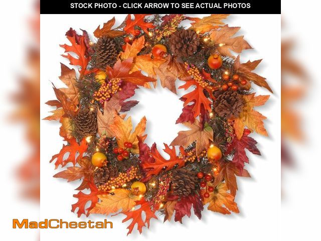 Lot 74-12760367 - National Tree Company Pre-Lit Artificial Autumn Wreath, Decorated with Gourds, Pinecones, Maple Leav...
