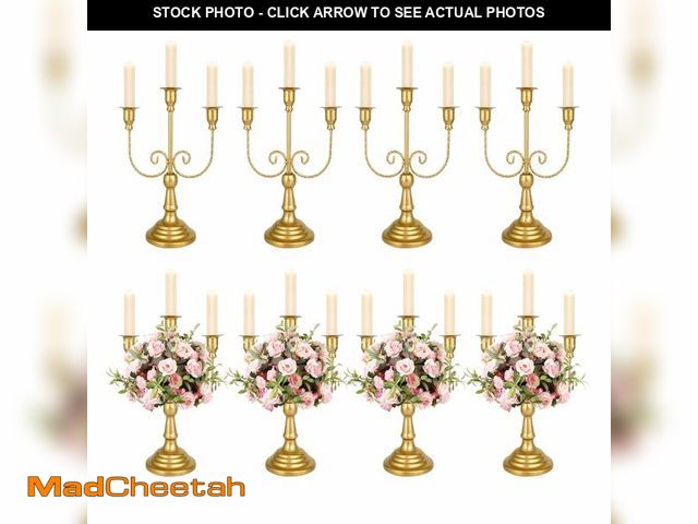 Lot 74-14214599 - UCEHIPAW 8 Pcs Gold Candelabra 12 Inch 3 Arm Metal Candle Stand Wedding Candlestick Holder for Table...