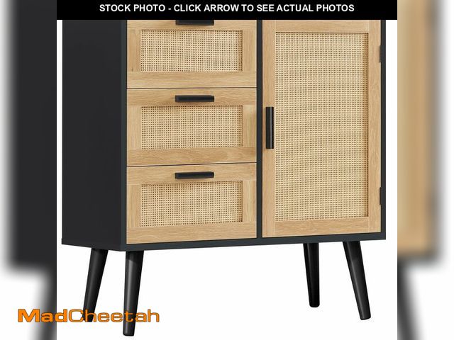 Lot 74-12785533 - Iwell Storage Cabinet with Rattan Door &amp; 3 Drawers, Rattan Cabinet with Adjustable Shelf, Sidebo...