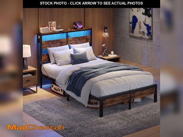 Lot 74-12488034 - Bestier Full Size Platform Bed Frame with Storage Headboard, LED Lights &amp; USB Charging Station, ...