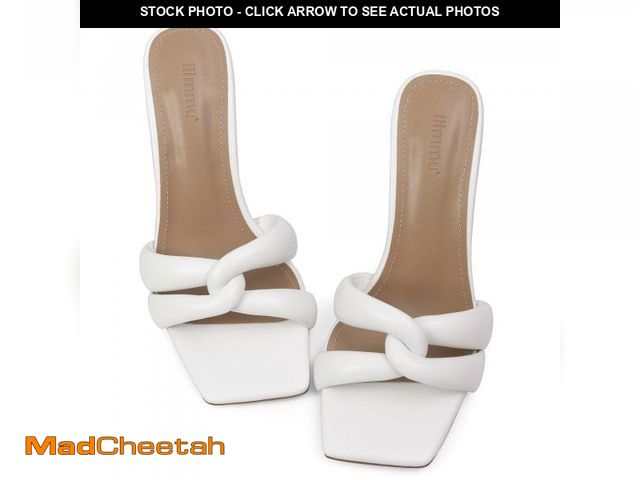 Lot 74-12116141 - iiimmu Square Toe Mules 3.5 IN Stiletto Heeled Sandals Sexy Faux Leather, White, Size 10 - USED