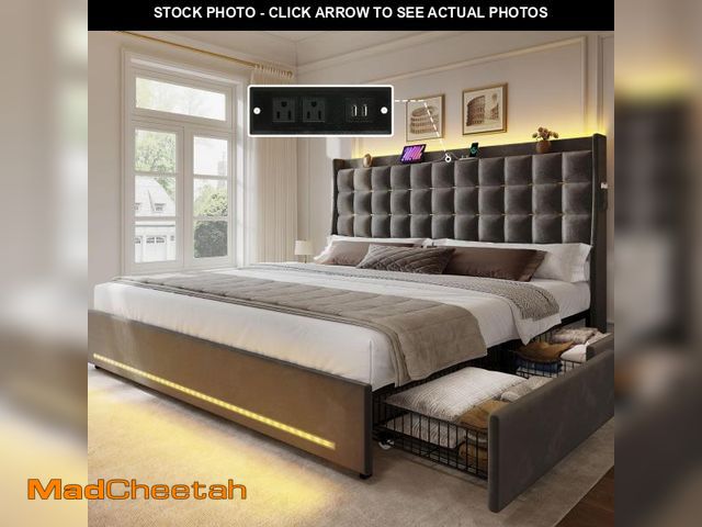 Lot 74-12413099 - YITAHOME King Size Bed Frame with 4 Drawers and RGB LED Lights, Velvet Upholstered Platform Bed with...