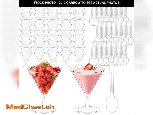 Lot 74-14215543 - Yinkin 50 Cups and 50 Spoons Plastic Martini Glasses Disposable Cocktail Glasses Mini Martini Plasti...