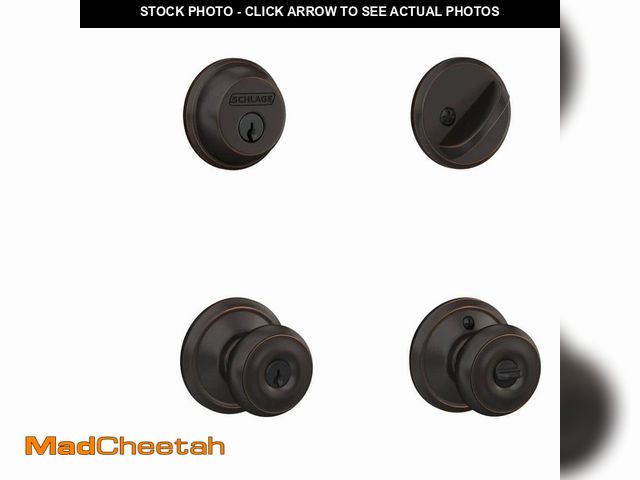 Lot 74-12553558 - Schlage Georgian Aged Bronze Single Cylinder Deadbolt and Keyed Entry Door Knob Combo Pack - UNUSED