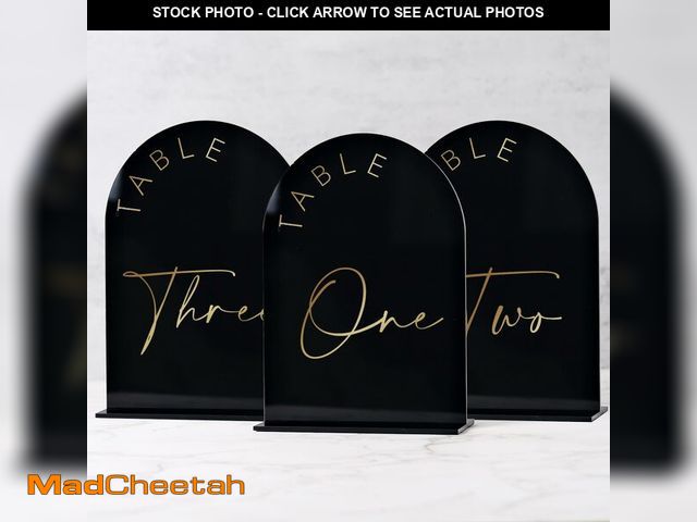 Lot 74-12970024 - Black Arch Wedding Table Numbers 1-15 with Stands, 5x7 Inch Black Acrylic Sign with Gold Letters, Ar...