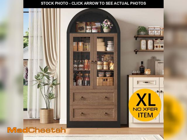Lot 74-13116663 - Hiphuta 70" Tall Arched Kitchen Pantry Storage Cabinet with Glass Doors, Freestanding Modern Farmhou...