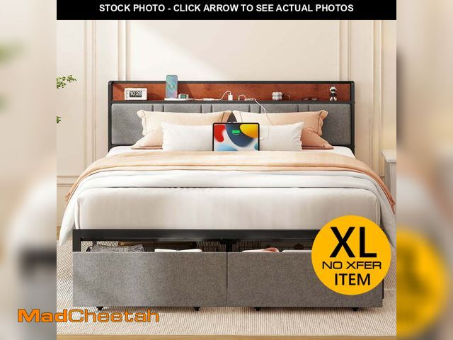 Lot 74-13774653 - NISIEN King Size Bed Frame with 2 Storage Drawers, Metal Platform Bed King with Upholstered Headboar...