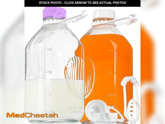 Lot 74-12322449 - 2 Pack 64 Oz Heavy Duty Glass Milk Bottle with 1 Silicone Spout and 3 Reusable Airtight SCREW LID, 2...