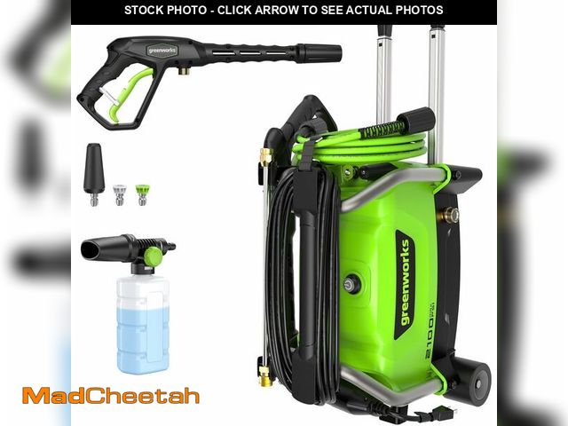 Lot 74-14304919 - Greenworks 2100 PSI (1.2 GPM) Electric Pressure Washer (25 degree, 40 degree, Turbo Nozzle, Soap App...