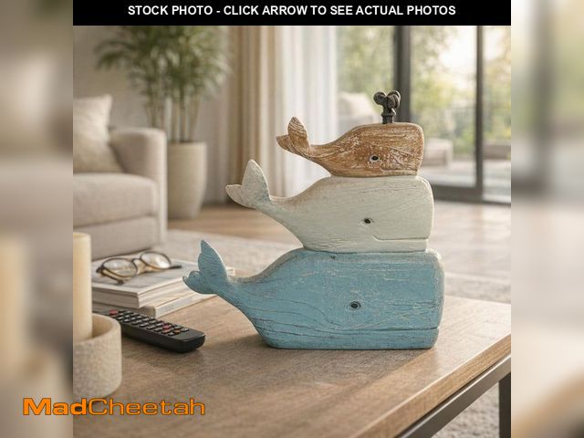 Lot 74-13771054 - Liv &amp; Skye 9 in. x 9 in. Blue Resin Coastal Stack Of 3 Whales Figurine - USED