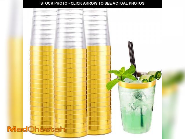 Lot 74-12049861 - I00000 200 Pack Gold Plastic Cups, 10 oz Clear Plastic Cups Gold Rimmed Disposable Wine Glasses Fanc...